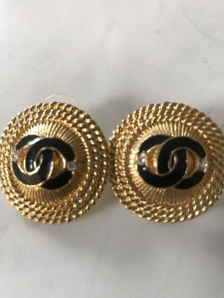 Authentic Vintage Chanel Cc Logo Gold Black Rhinestone Converted Clip Earrings