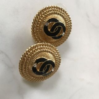 Authentic Vintage CHANEL CC Logo Gold Black Rhinestone Converted Clip Earrings 2