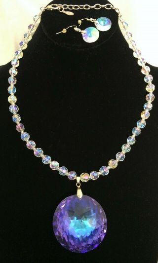 Vtg Sc Aurora Borealis 2 " Pendant 18k Gp Ab Crystal Bead Necklace,  Earring Set