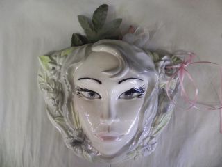 Vintage Ceramic Wall Vase Pocket Mask Womans Head Face Pottery 9.  5 " Headvase