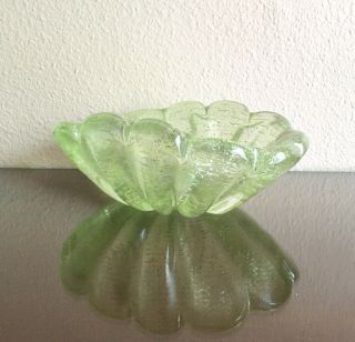 Large Vintage Iridato Murano Glass Bowl,  Lime Green W/ Silver Leaf 1950s Italy