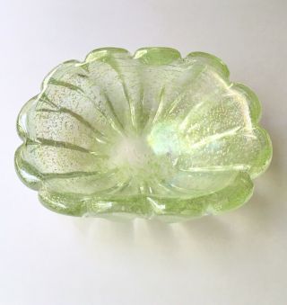 Large Vintage Iridato Murano Glass Bowl,  Lime Green w/ Silver Leaf 1950s Italy 5