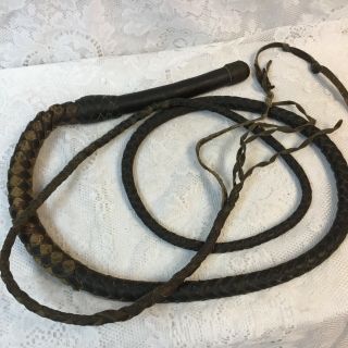 Vintage Antique Leather Braided Whip 115 Inches Long Old