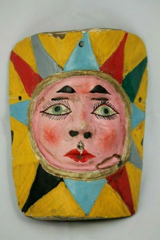 Vtg Mexican Wood Hanging Mask Folk Art Hand Crafted/painted Collectible Sun Face