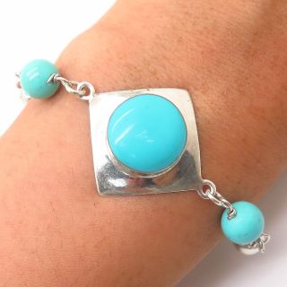 Vintage Mexico 925 Sterling Silver Real Turquoise Bead Link Bracelet 7.  5 "