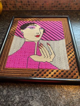 Vintage Art Deco Hand Embroidered Wooden Framed Colorful Lady Picture.