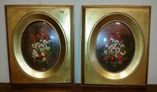 2 Vintage Real Life Floral Oil Painting Gold Gilt Oval Frame Italy Tara 14 X 12 "