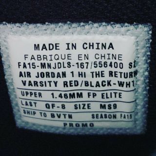 Rare 2015 Promo Sample Nike Air Jordan 1 High Chicago The Return Sz 9 Origin Off 6
