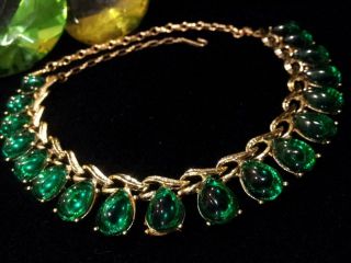 Vtg Signed Coro Bib Statement Necklace W Insane Emerald Pear Shaped Glass Stones