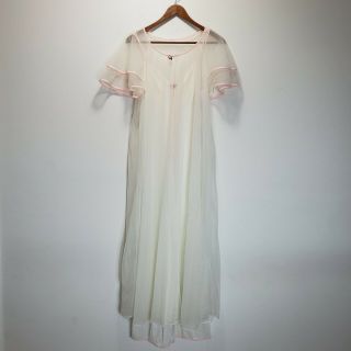Vintage Val Mode Peignoir Set L White Pink Spaghetti Gown Ruffle Robe Wedding
