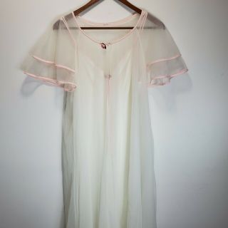 Vintage Val Mode Peignoir Set L White Pink Spaghetti Gown Ruffle Robe Wedding 2