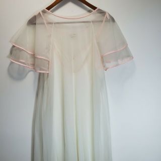 Vintage Val Mode Peignoir Set L White Pink Spaghetti Gown Ruffle Robe Wedding 3