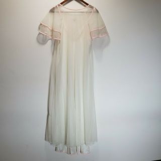 Vintage Val Mode Peignoir Set L White Pink Spaghetti Gown Ruffle Robe Wedding 4