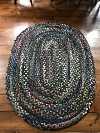 Big Old Vintage Wool Braided Rug Country Colors 5.  5 X 4 Aafa Oval