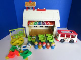 Vintage Fisher Price Little People School House Near Complete Bus Play Family
