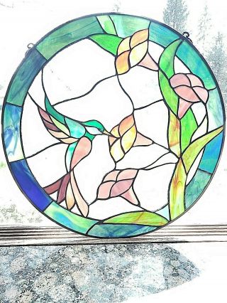 Large 16 " Round Vintage Leaded Stained Glass Flower Humming Bird Window Hanging