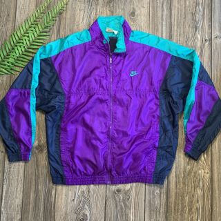 Nike 80’s 90’s Gray Tag Vintage Windbreaker Jacket Purple Green Navy Mens Sz Xl