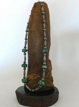 Vintage Native American Navajo Sterling Beads Raw Turquoise Nugget Necklace 19 "