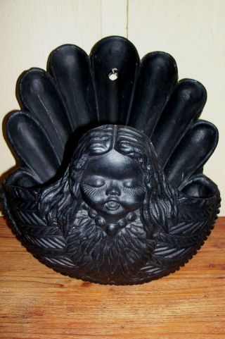 Vintage Black Clay/terra Cotta Pottery Wall Pocket Planter Angel/girl Bust