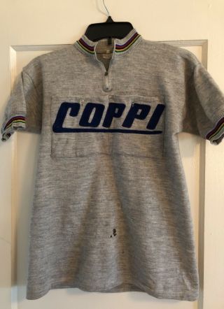 Vintage Embroidered Coppi 100 Wool Bicycle Jersey Sergal Italy Gray 70s ?