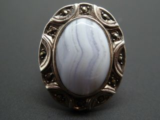 Vintage Signed F Sterling 925 Blue Lace Agate Marcasite Solitaire Ring Sz.  7.  75