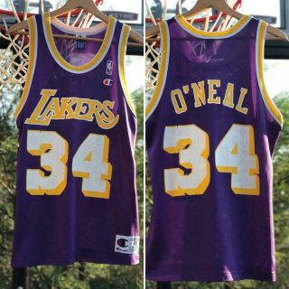 Rare Vtg 90s Champion Los Angeles Lakers Purple Shaq O’neal Basketball Jersey 40