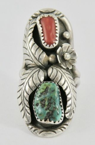 Vintage Navajo Sterling Silver Turquoise & Coral Squash Blossom Ring Sz 6 3/4