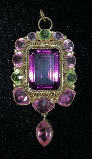 Quality Vintage Hobe Jewelry Pendant Gold Filigree Purple Pink Green Rhinestone