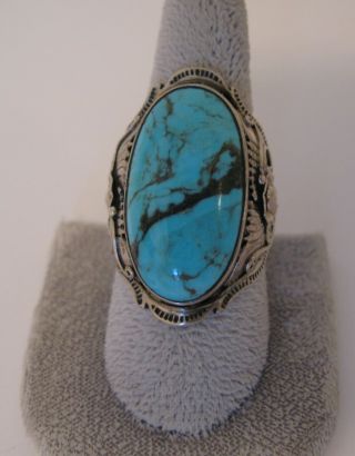 Vintage Large Navajo Sterling Silver & Turquoise Ornate Ring