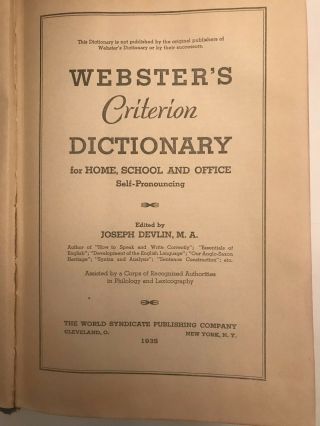 Vintage Webster ' s Criterion Dictionary for Home,  School & Office with Atlas 1935 3