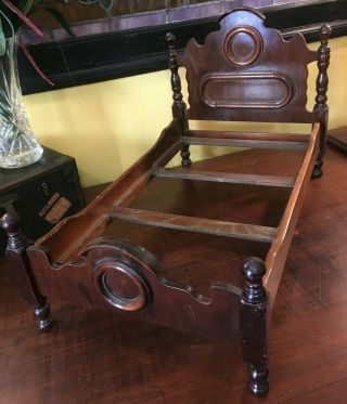Vintage - Victorian Style Wood Doll Bed 24 " L - Dark Brown Finish Late 1920 