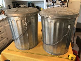 Qty 2 Vintage Galvanized Trash Can With Lid And Handle 17.  5” High And 14.  5” Wide