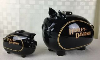 Vtg 1982 & 1983 Harley Davidson Hog Gas Tank Ceramic Piggy Banks Large & Small
