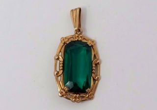 Vintage French Art Deco 10k Solid Gold Green Stone Pendant