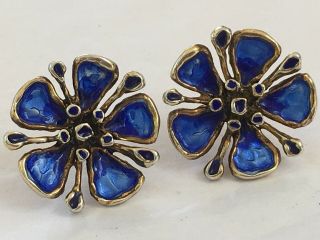 Vtg David Andersen Sterling Silver Modernist Blue Enamel Flowers Post Earrings