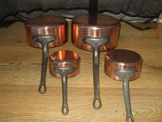VINTAGE FRENCH SET 4 COPPER CUISINE SAUCE PANS TIN LINED METAL HANDLE STAMPED 2