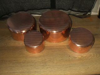 VINTAGE FRENCH SET 4 COPPER CUISINE SAUCE PANS TIN LINED METAL HANDLE STAMPED 3