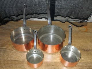 VINTAGE FRENCH SET 4 COPPER CUISINE SAUCE PANS TIN LINED METAL HANDLE STAMPED 4