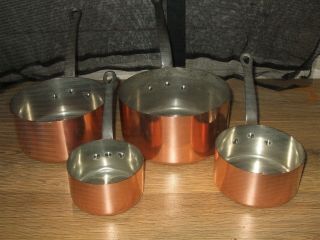 VINTAGE FRENCH SET 4 COPPER CUISINE SAUCE PANS TIN LINED METAL HANDLE STAMPED 5