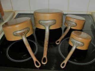 VINTAGE FRENCH SET 4 COPPER CUISINE SAUCE PANS TIN LINED METAL HANDLE STAMPED 7