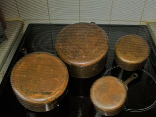 VINTAGE FRENCH SET 4 COPPER CUISINE SAUCE PANS TIN LINED METAL HANDLE STAMPED 8