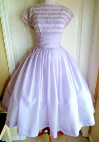 Vintage 50s Lavender Semi Sheer Party Dress Smocked Full Skirt Lace Trim