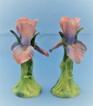 Vintage Ceramic Porcelain Iris Lily Flower Shaped Candle Holders Made In Italy
