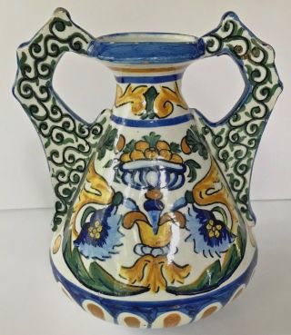 Double Handled Vintage Vase Jug Hand Painted Spain Majolica