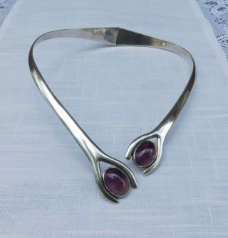 Vintage Taxco 925 Sterling Silver Amethyst Modernist Hinged Collar Necklace (a)