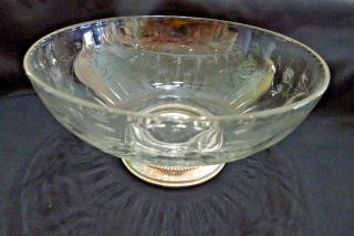 Vintage Large Sterling Silver And Etched Hand Cut Crystal Serving Bowl