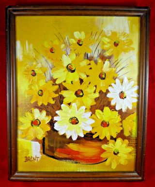 Vintage Flower Oil Painting Canvas Signed Brent Mid Century Modern