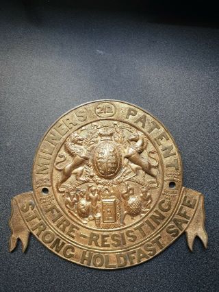 Antique/vintage Milners Cast Brass Strong Holdfast Safe Plaque/plate