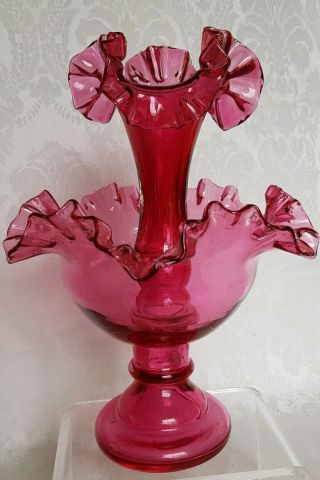 Vintage,  Fenton 2 Piece Cranberry Footed Glass Epergne Crimped Top Vase Rare