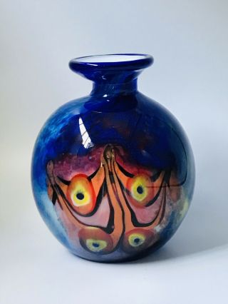 Vintage Italy Murano Stretched Millefiori Cased Blue Art Glass Bulb Vase Heavy